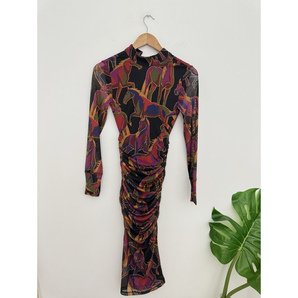 Farm Rio Wild Horses Tulle Midi Dress Ruched Equestrian Blck Design XXS Fits XS - Picture 4 of 8